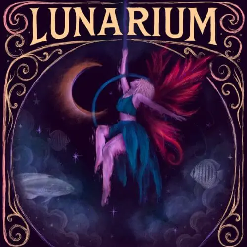 A woman with wings made of fire stands under a moon that is floating beneath the ocean