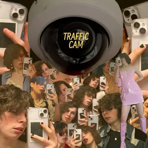 A security camera looms over many blurred photographs of the same person.
