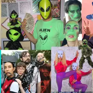 A collage of photos of a woman dressed as a sexy but unsettling alien