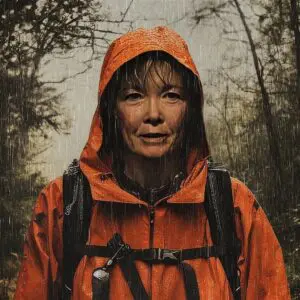 A woman walks through the rain in hiking gear.