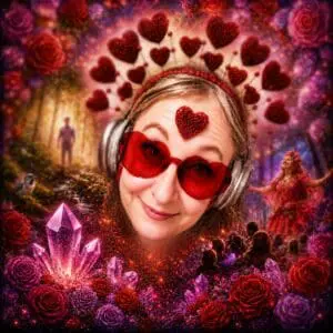 A smiling woman in heart-shaped glasses is surrounded by roses, crystals, and sparkling hearts in a magical forest, while a performer and a distant figure add to the dreamlike scene.