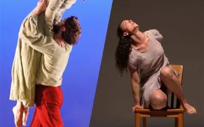 Two split pictures, first is "Threnody" a man in red pants and a green top is lifting a woman with a green dress. Second split is "Rooms" a woman in a beige dress is kneeling on a wooden chair.