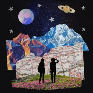 A collage picturing two figures standing in a meadow, looking at a large map. There are mountains in the background and stars and planets overhead.