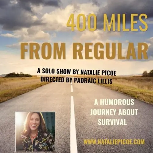 A postcard with a road and the face of the performer describing the wide world ahead.