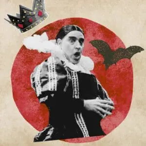 A black-and-white drag queen dressed as Catherine de' Medici poses dramatically before a red moon, with a floating crown and bat.