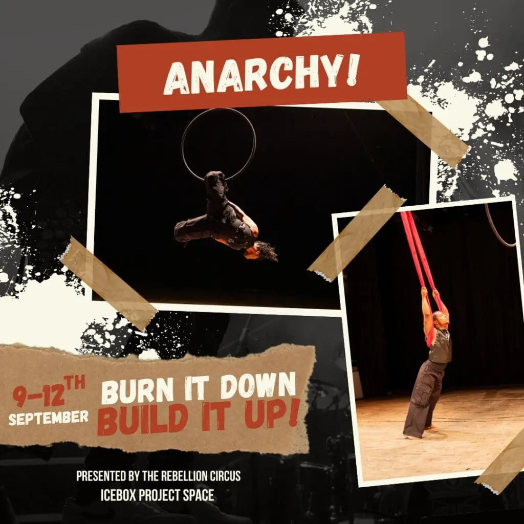 graphic design showing two photos of performers on an aerial Lyra and an aerial hammock